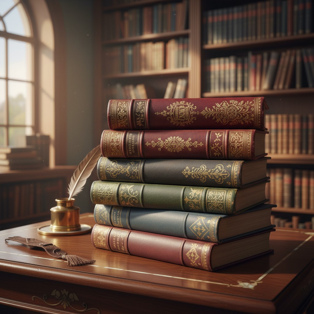 A stack of seven multi-colored books sits on a wooden desk, surrounded by a quill pen and inkwell in front of a large wind...
